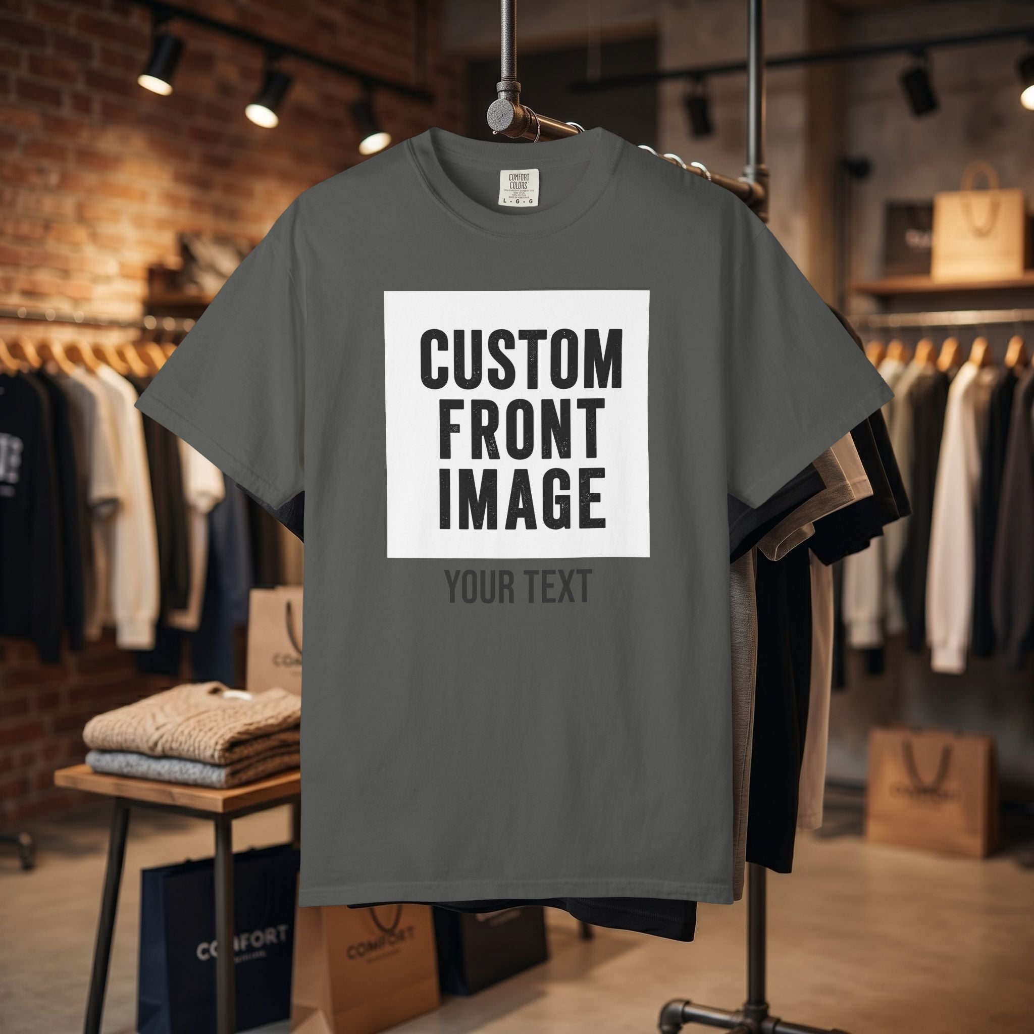 Custom Front Square Print T-Shirt — Personalized Text Bottom & Image Tee