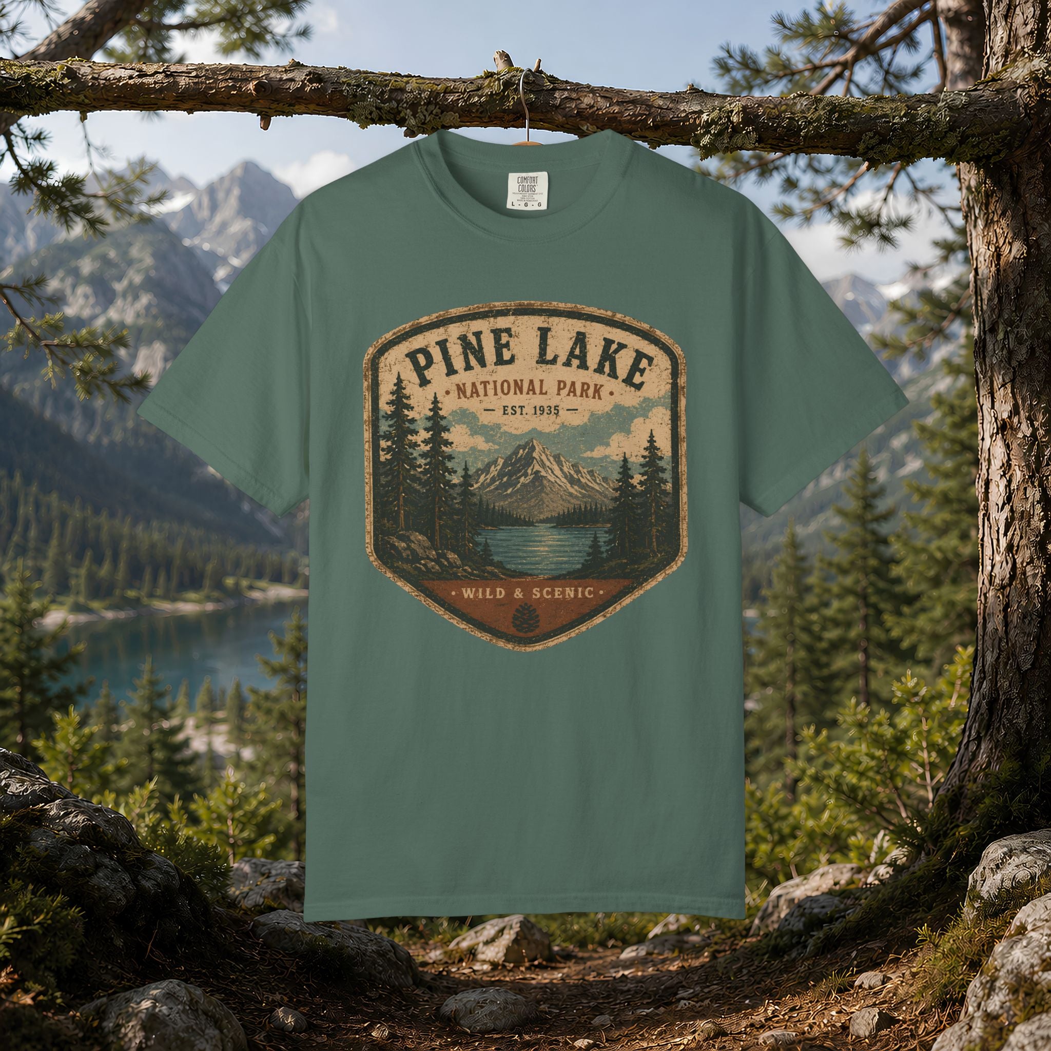 Pine Lake National Park Badge T-Shirt | Mountain Lake Forest Graphic
