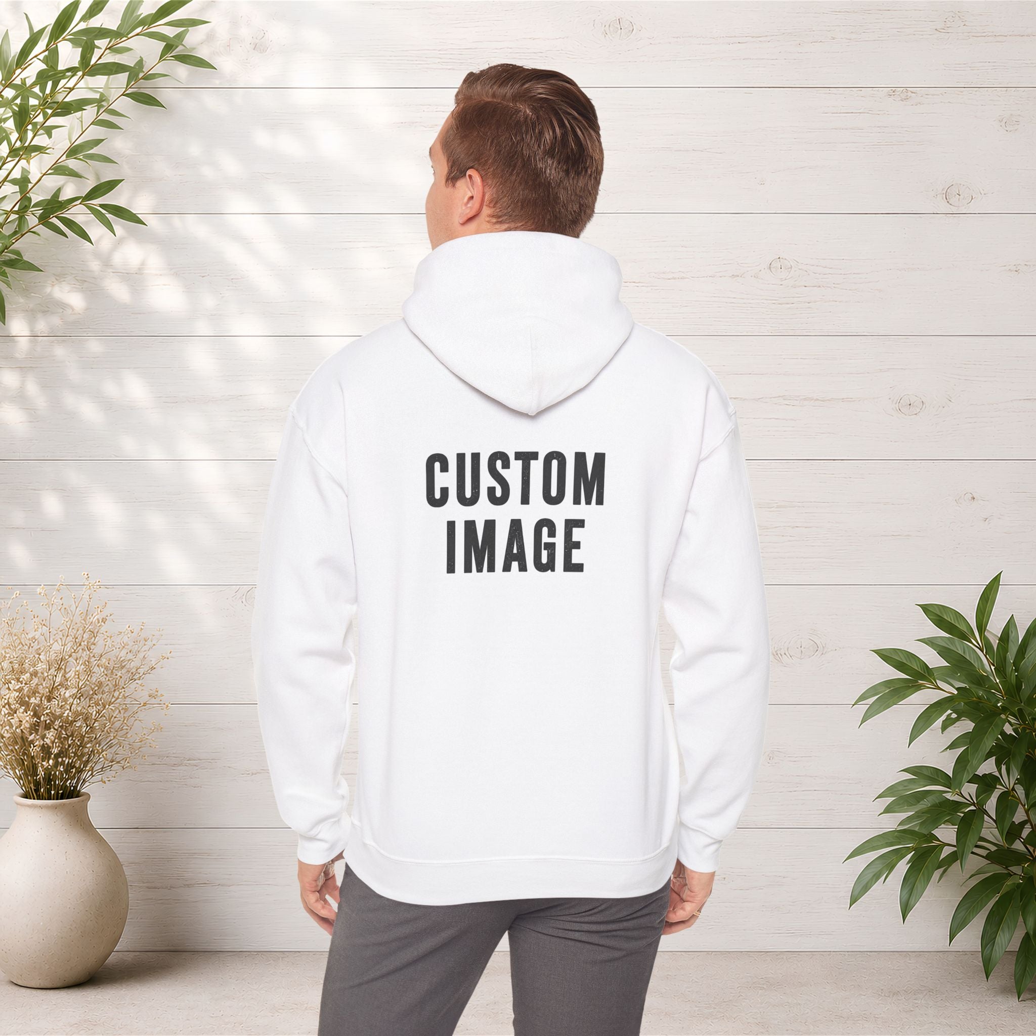 Custom Front Small Left and Back Image Hoodie — Personalized White Pullover Hooded Sweatshirt