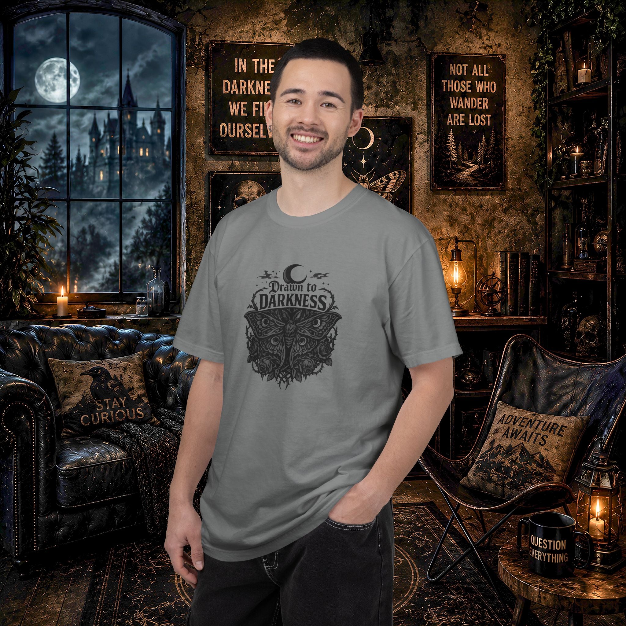 Dark Aesthetic T-Shirt — "Drawn to Darkness" Gothic Moon Graphic Tee
