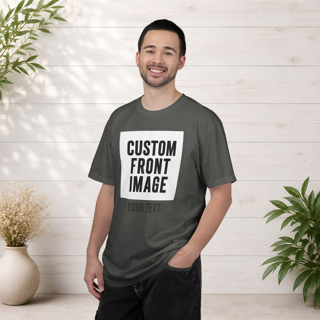 Custom Front Square Print T-Shirt — Personalized Text Bottom & Image Tee