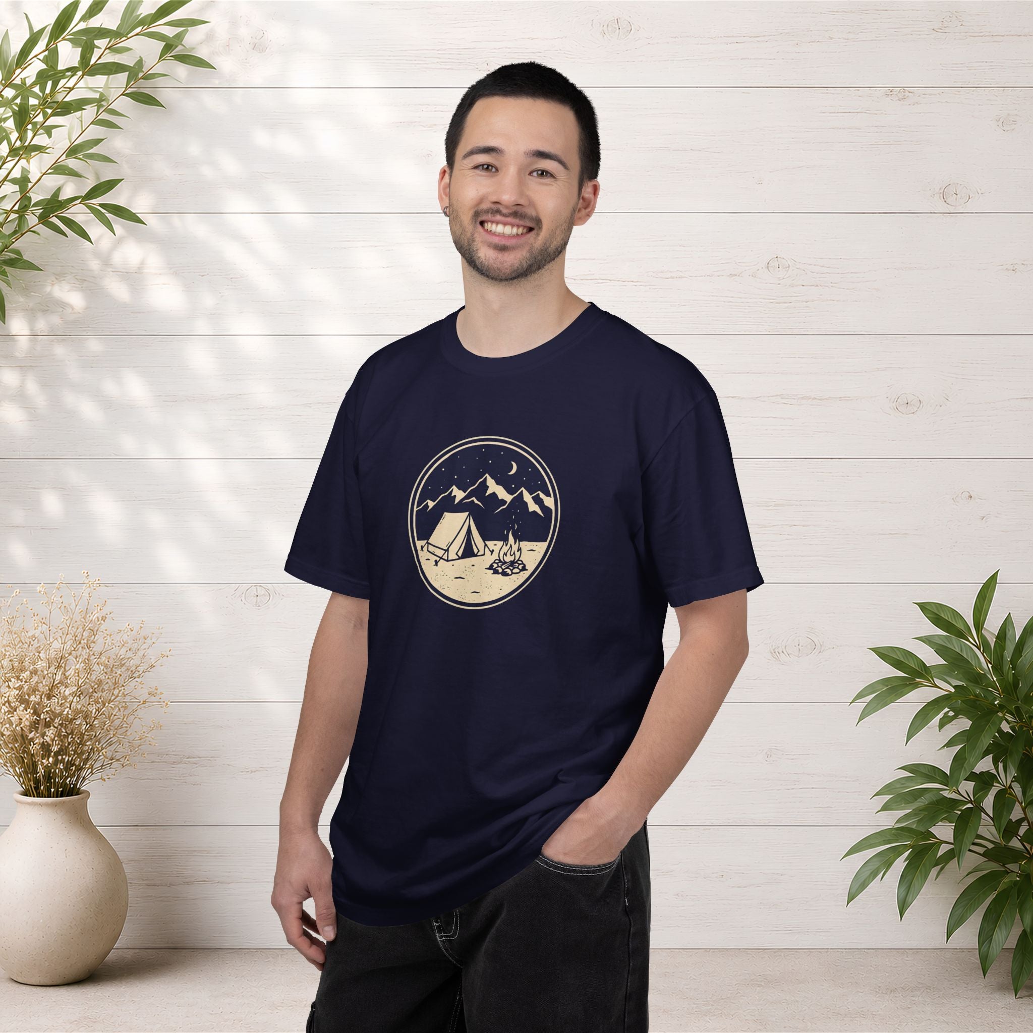 Mountain Camping Circle Art T-shirt | Tent Campfire Outdoors Tee