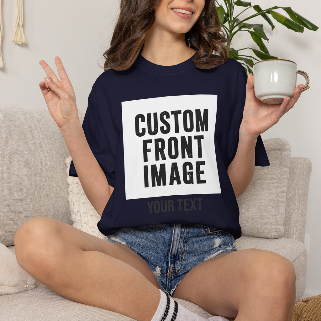 Custom Front Square Print T-Shirt — Personalized Text Bottom & Image Tee
