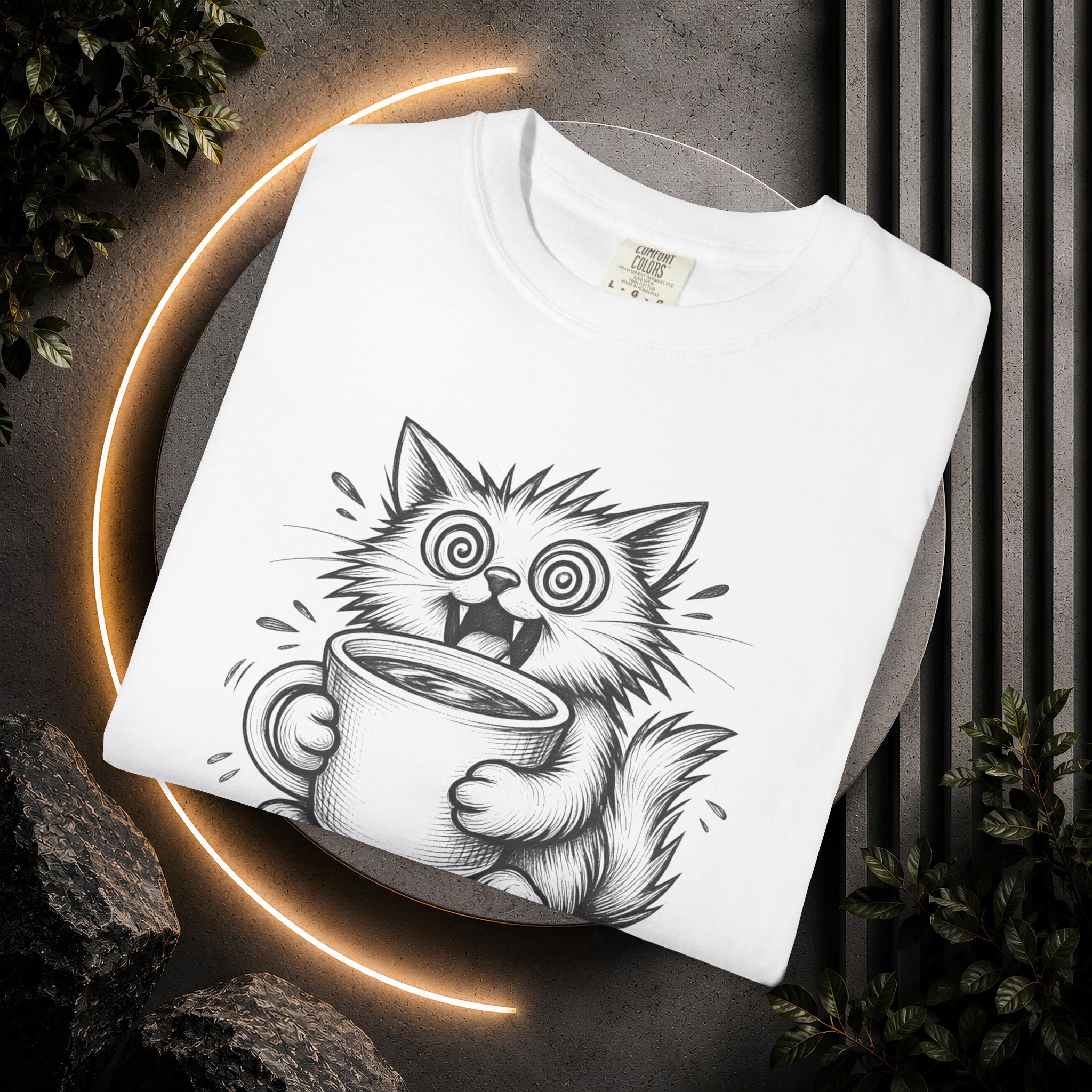 Caffeinated Cat T-Shirt — "Caffeinated Catastrophe" Coffee Lover Tee
