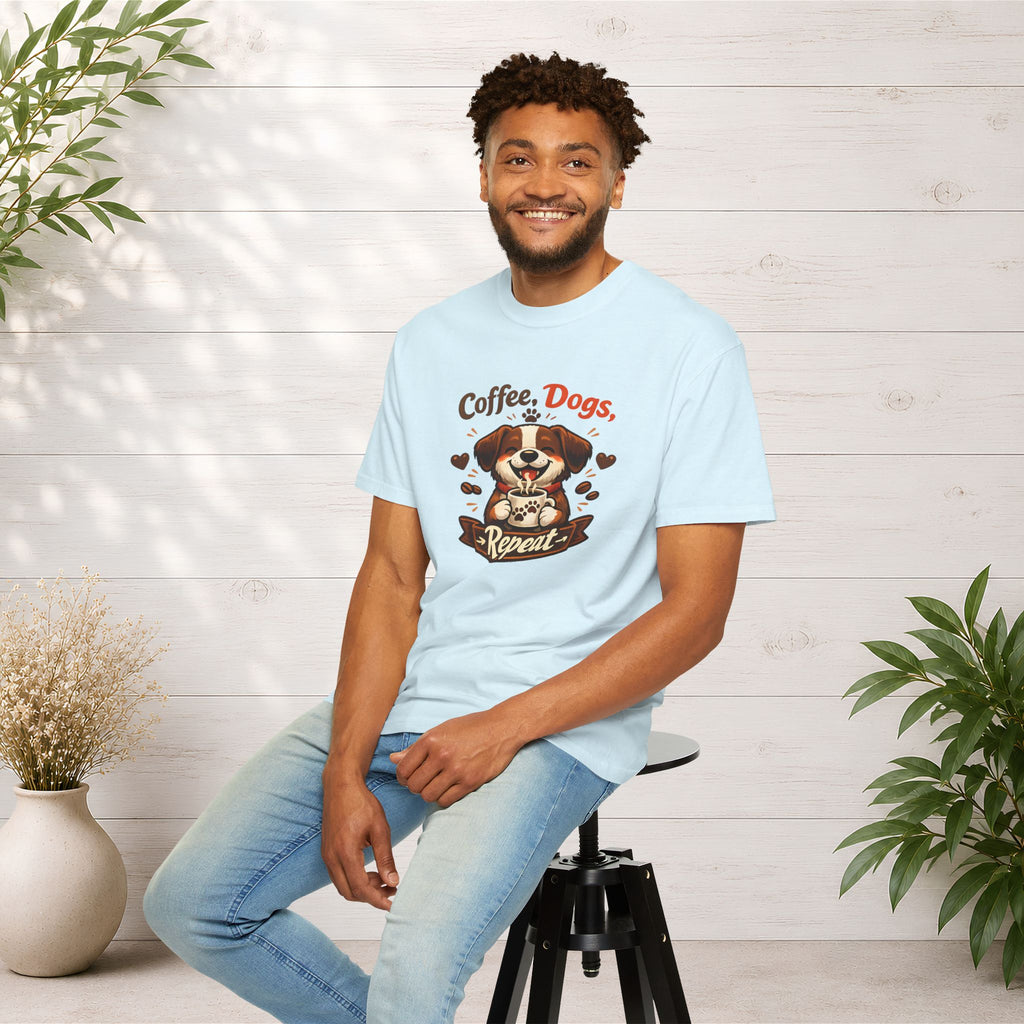 "Coffee, Dogs, Repeat" Cute Dog & Coffee Graphic T-Shirt