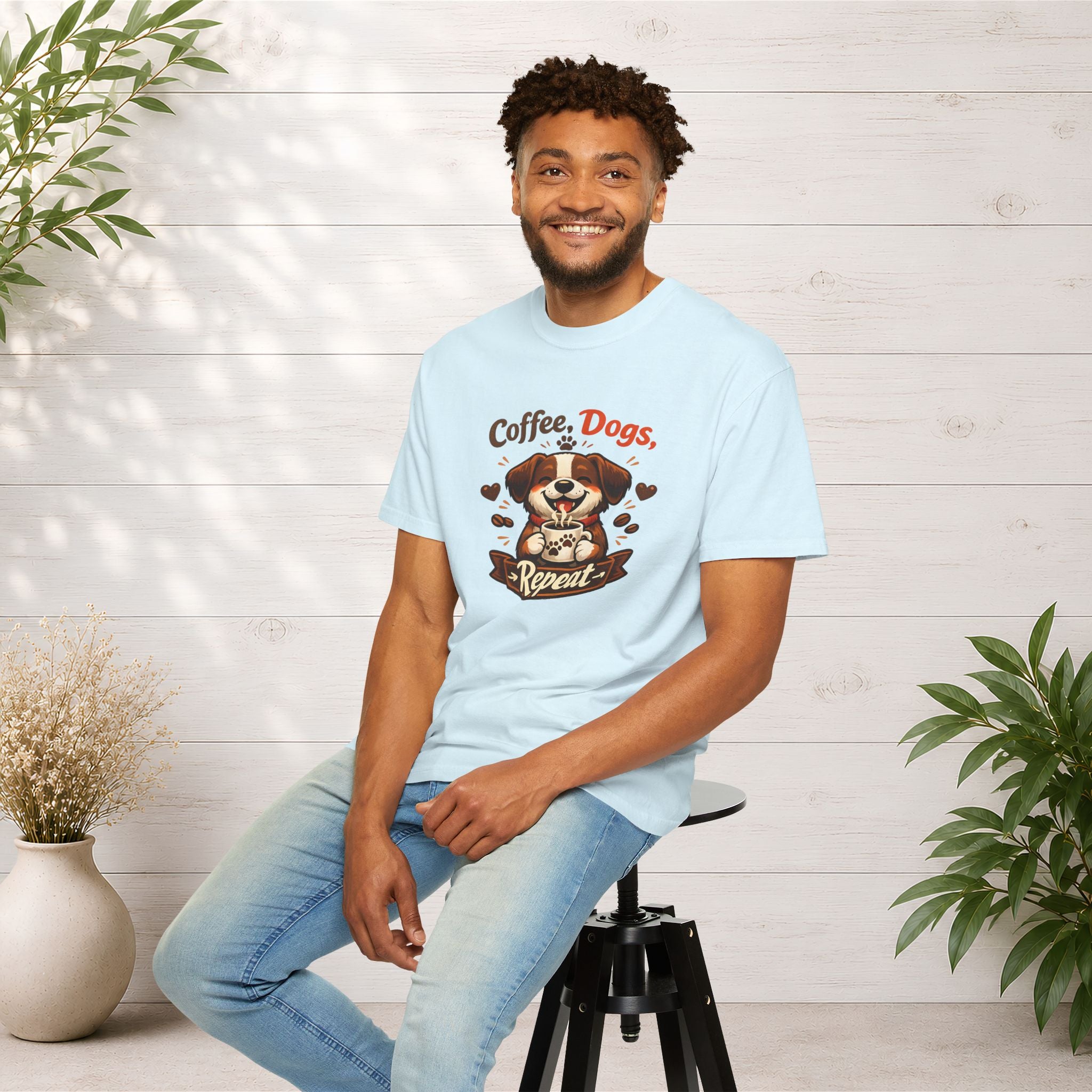 "Coffee, Dogs, Repeat" Cute Dog & Coffee Graphic T-Shirt