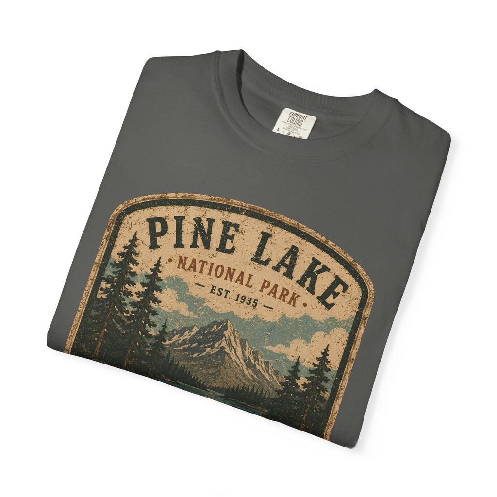 Pine Lake National Park Badge T-Shirt | Mountain Lake Forest Graphic