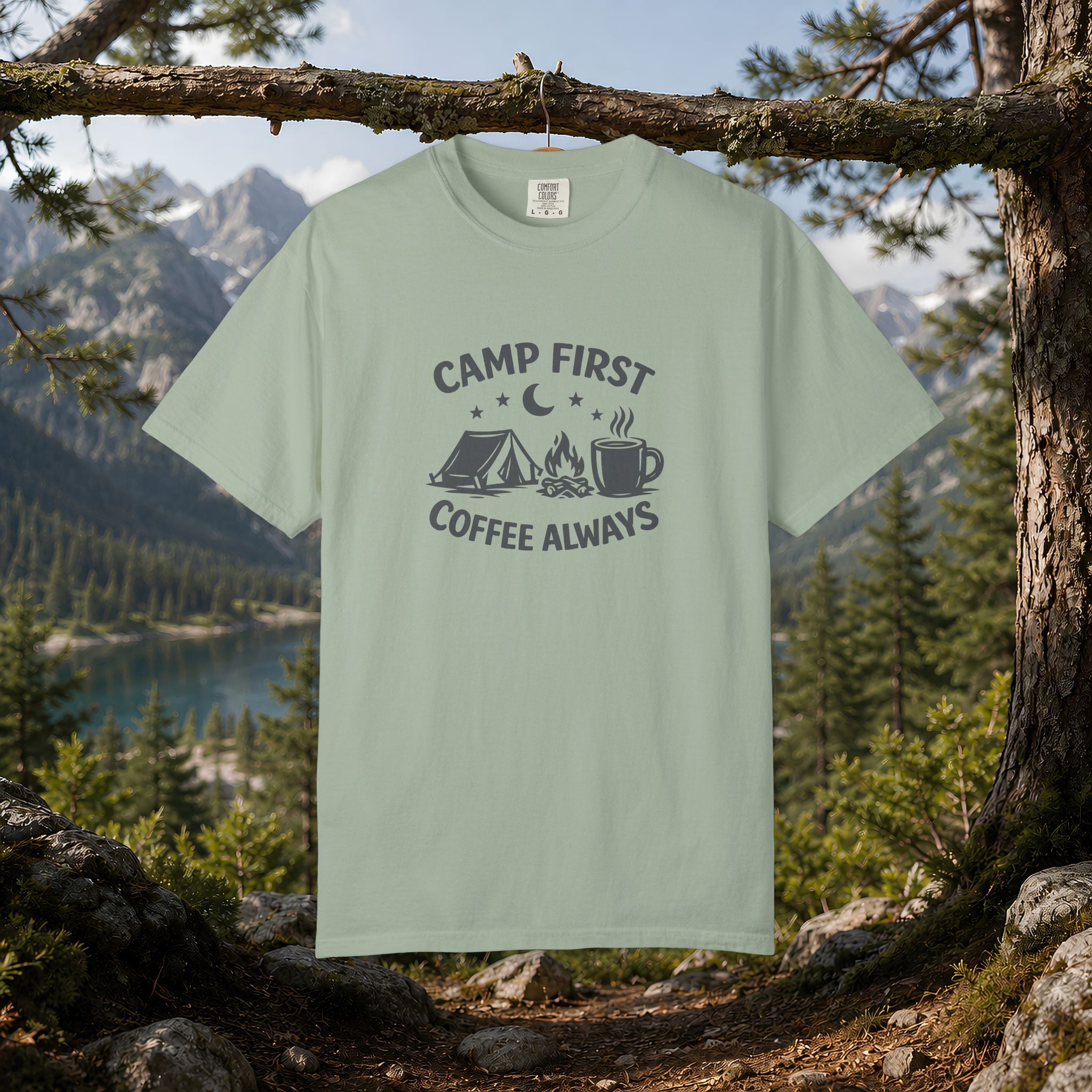 Camping T-Shirt — “Camp First, Coffee Always” Adventure Tee