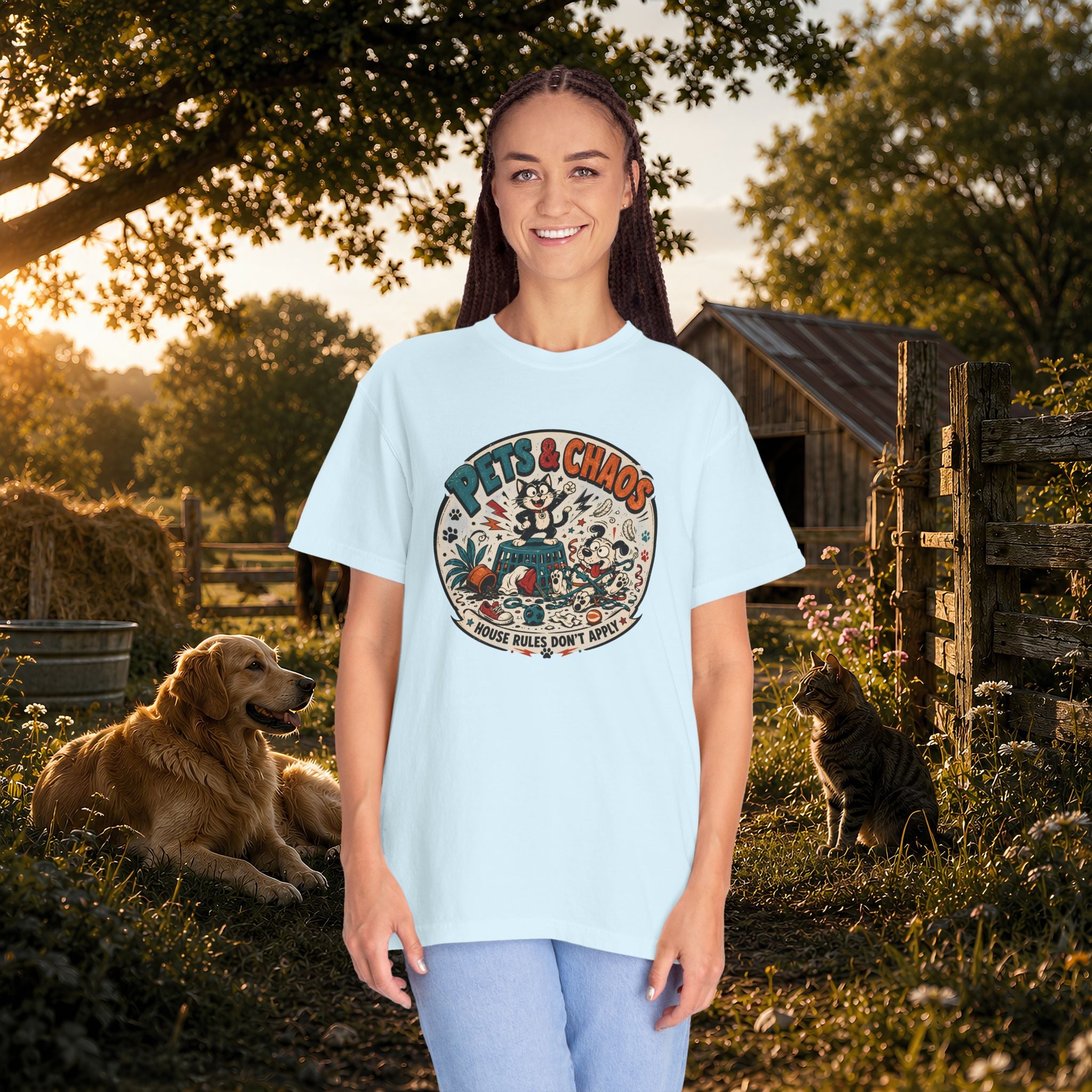 Pets & Chaos Graphic T-Shirt — "House Rules Don't Apply" Vintage Pet Lover Tee