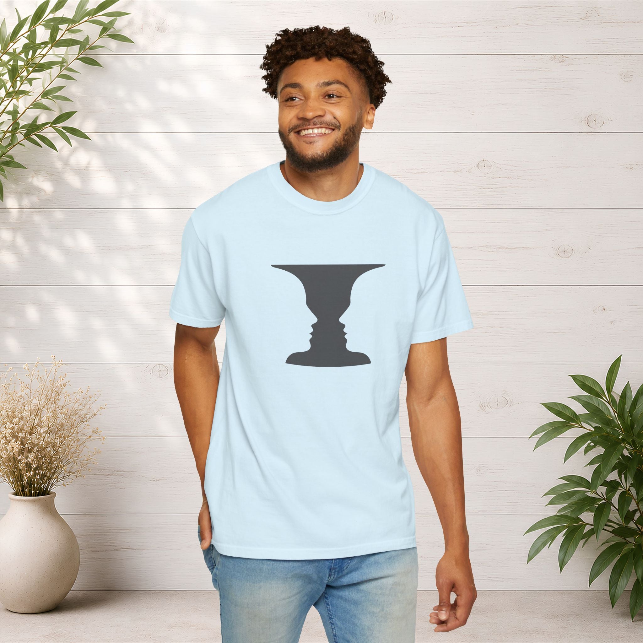 Optical Illusion Vase T-Shirt — Rubin’s Face Profile Graphic Tee