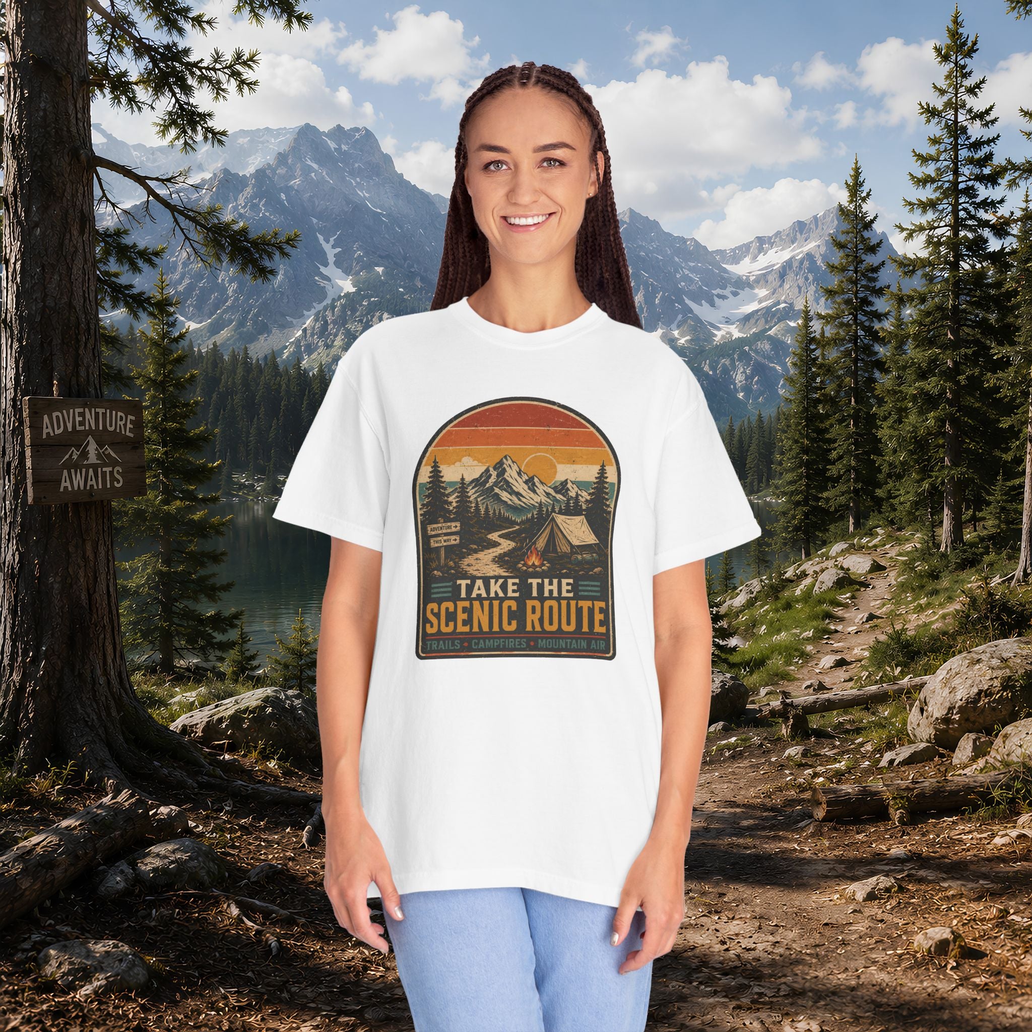 Scenic Route Camping T-Shirt — Retro Mountains & Tent Outdoor Tee