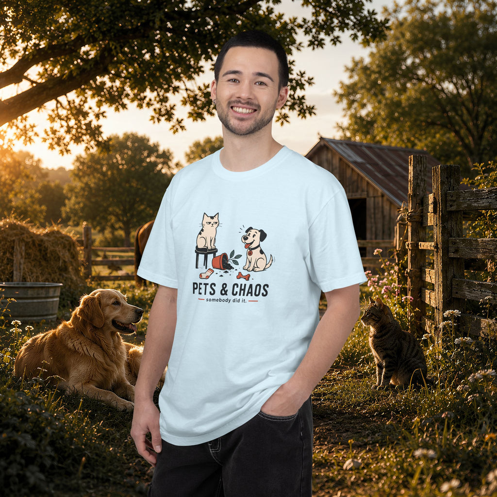 Pets & Chaos Graphic T-Shirt — Funny Cat and Dog Design