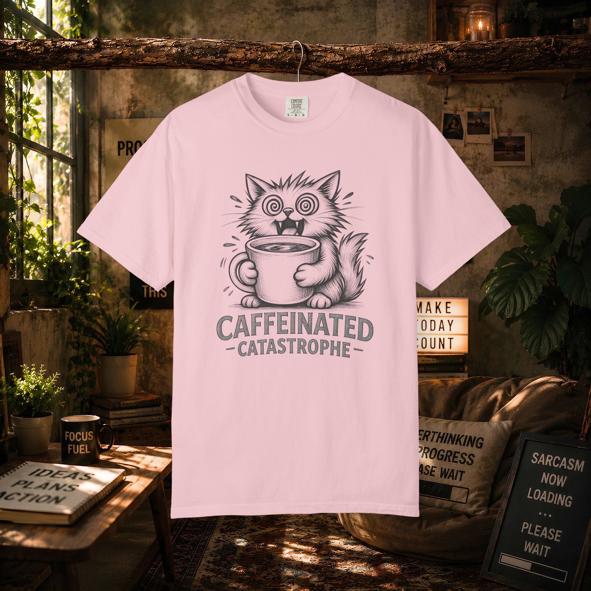 Caffeinated Cat T-Shirt — "Caffeinated Catastrophe" Coffee Lover Tee