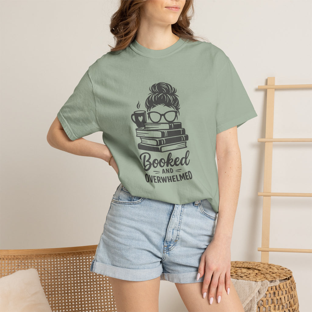 Book Lover T-Shirt — "Booked and Overwhelmed" Graphic Tee