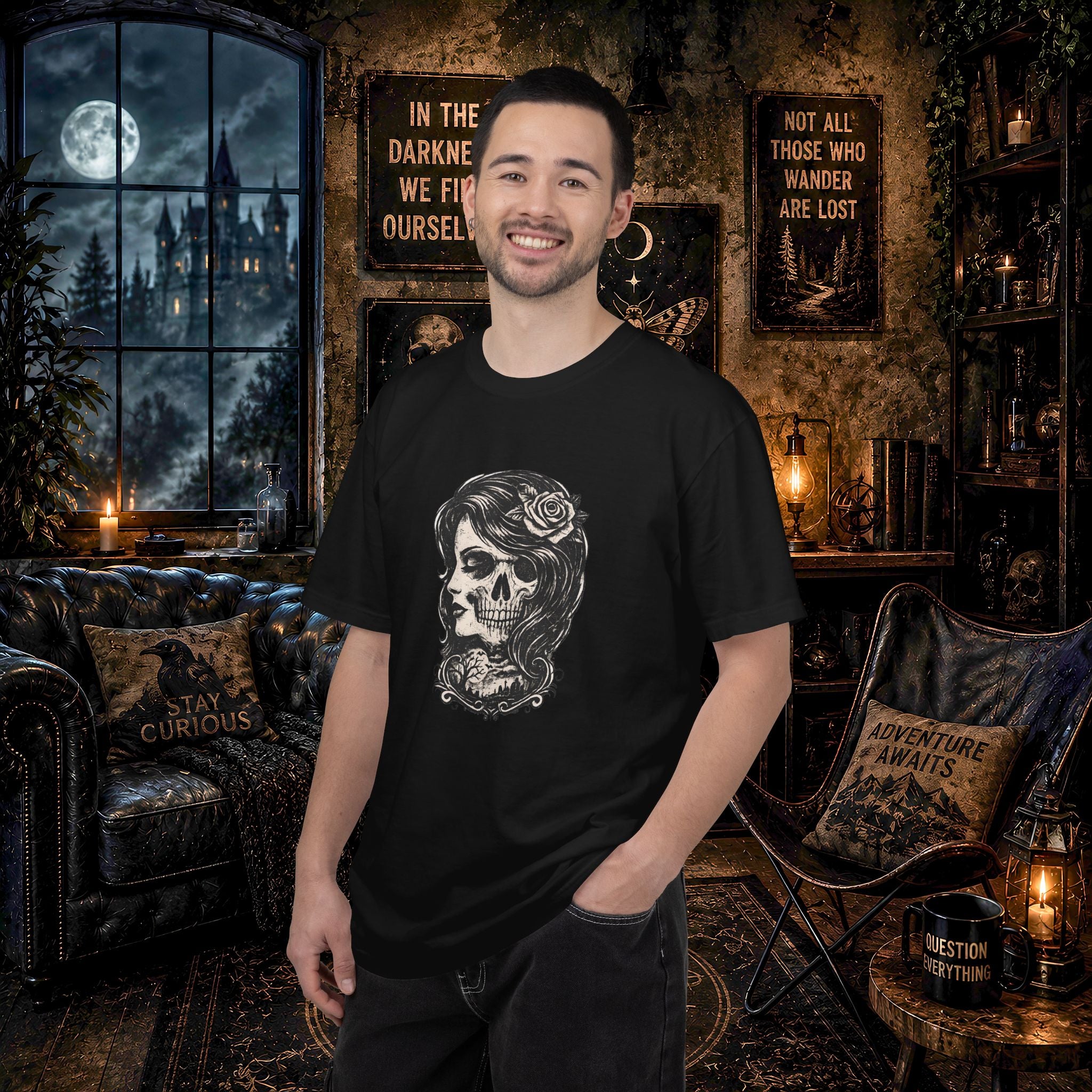 Skull Lady Rose T-Shirt — Vintage Day of the Dead Portrait Tee
