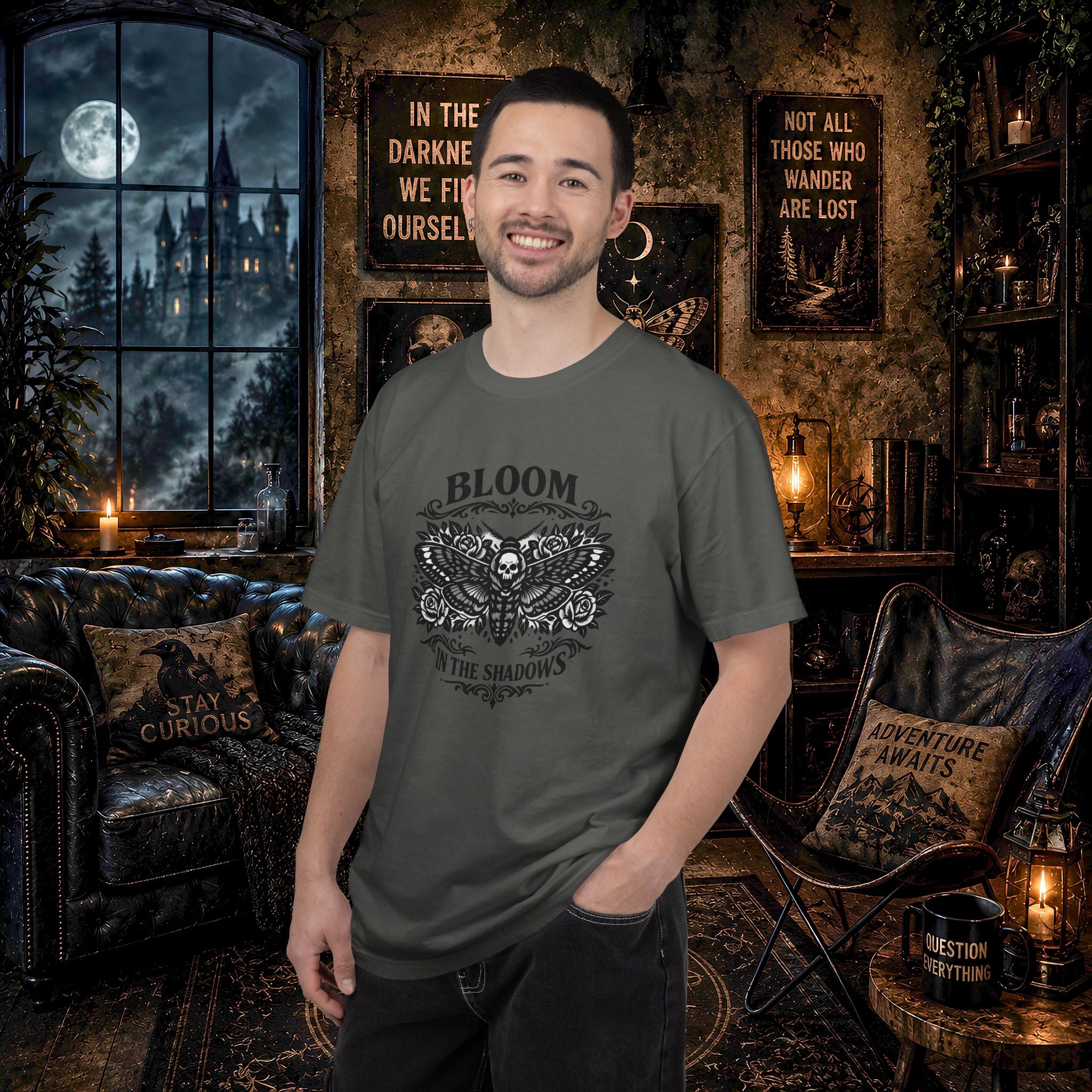 Bloom in the Shadows T-Shirt — Gothic Floral Skull Tee
